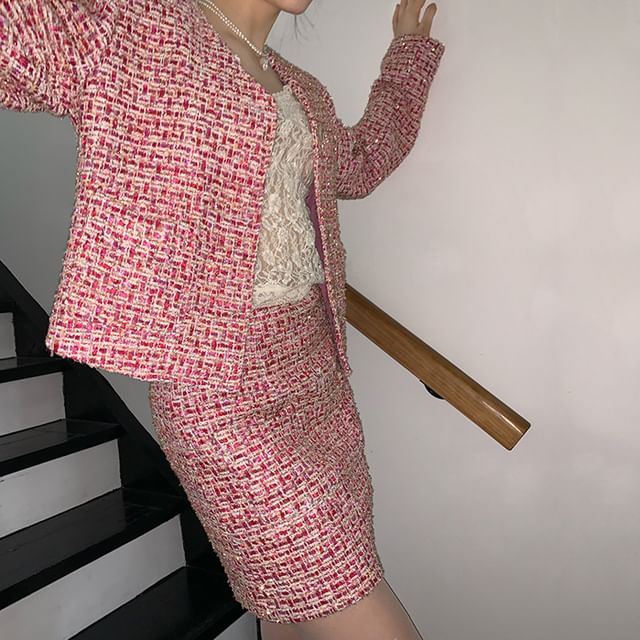 Set: V-Neck Button-Up Tweed Crop Jacket + High Rise Mini Pencil Skirt