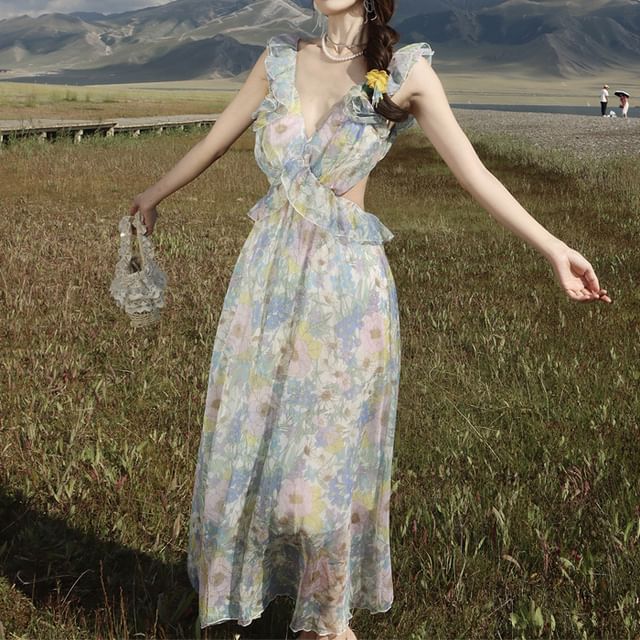 Floral Sleeveless V-Neck Sundress Maxi Cutout Ruffle