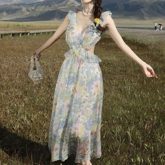 Floral Sleeveless V-Neck Sundress Maxi Cutout Ruffle