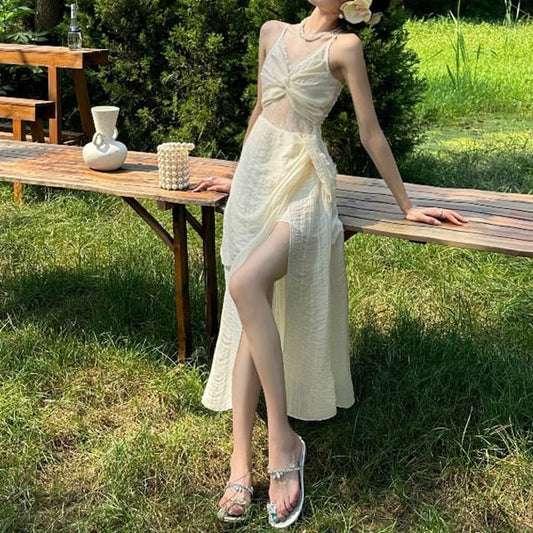 Lace Ruched Slit Plain Strap Panel Maxi A-Line Dress V-Neck Spaghetti