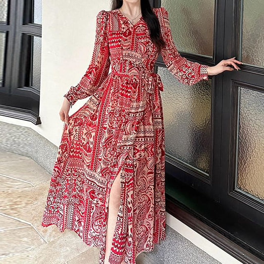 Slit A-Line Long-Sleeve Patterned Dress Maxi Print V-Neck