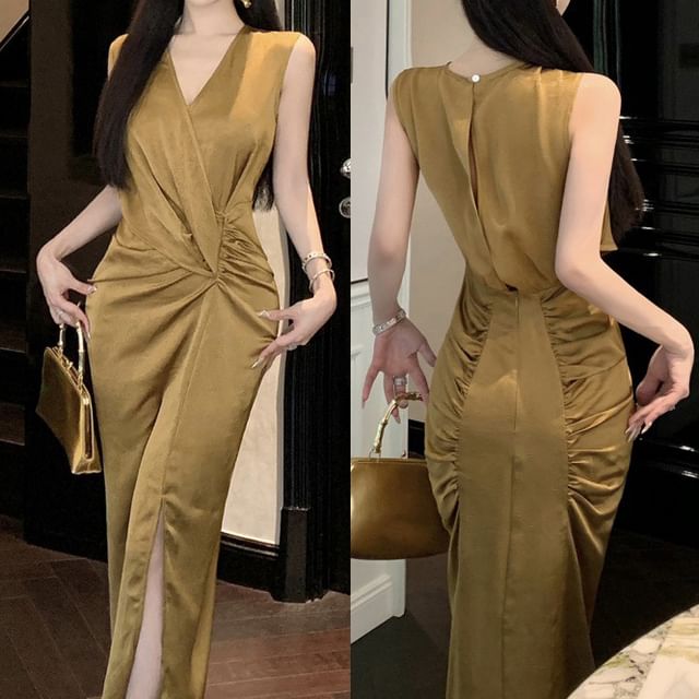 Sheath Slit Ruched Sleeveless V-Neck Wrap Plain Dress Maxi
