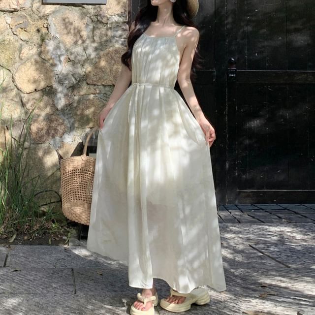 A-Line Strap Spaghetti Maxi Dress Plain