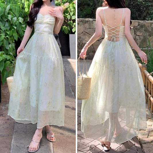 Dress Maxi Up Patterned Strap A-Line Spaghetti Print Lace