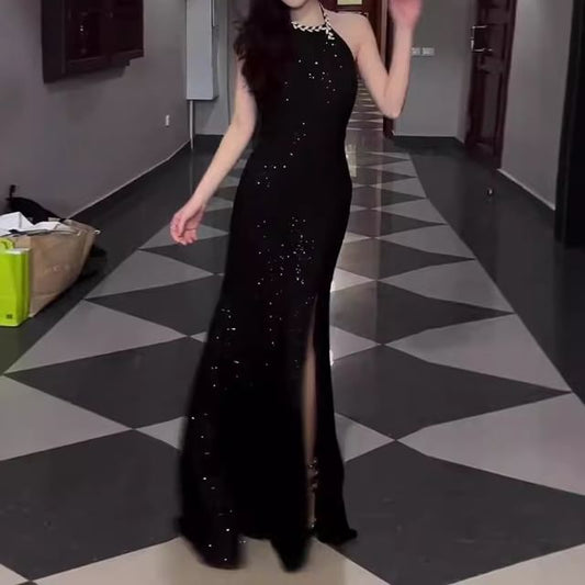 Halter Sequin Slit Open Back Maxi Sheath Evening Dress