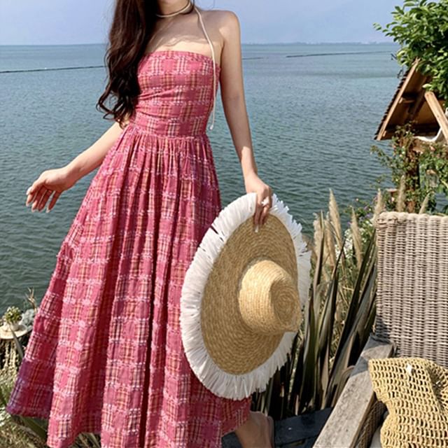 Dress Plaid Strapless Maxi A-Line