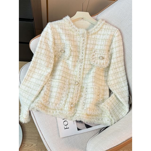 Pearl-Button Crew-Neck Tweed Jacket