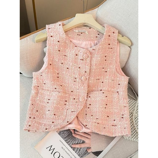 V-Neck Tweed Vest Jacket