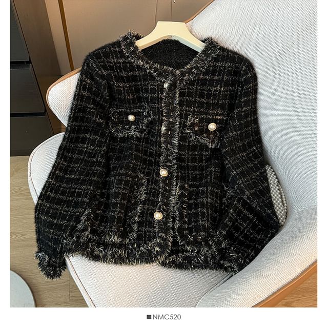 Pearl-Button Crew-Neck Tweed Jacket