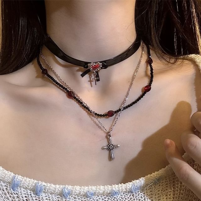 Leather Cross / Choker Rhinestone Faux Necklace