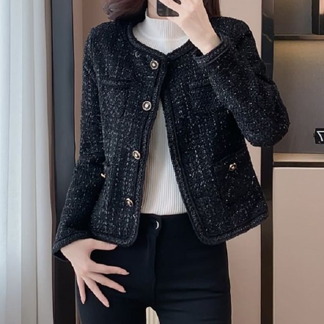 Round Neck Tweed Cropped Button Jacket
