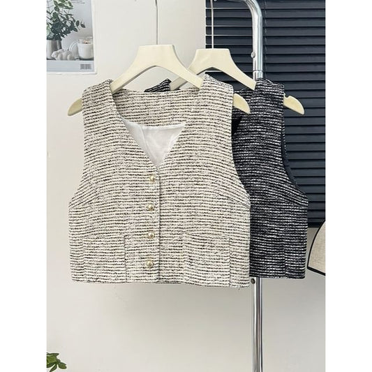Button-Up Tweed Vest Jacket