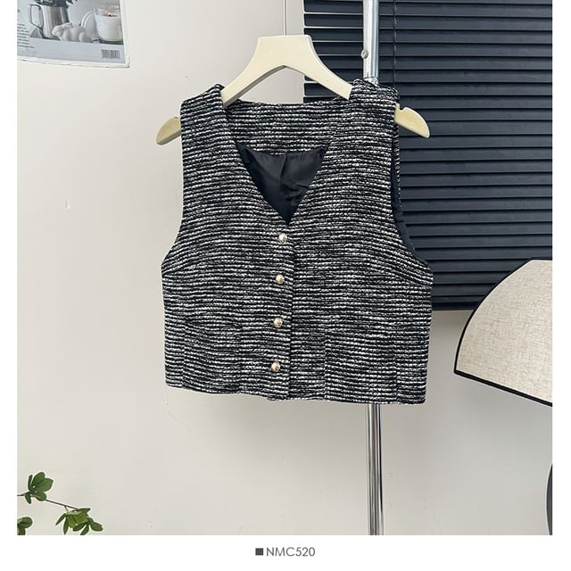 Button-Up Tweed Vest Jacket