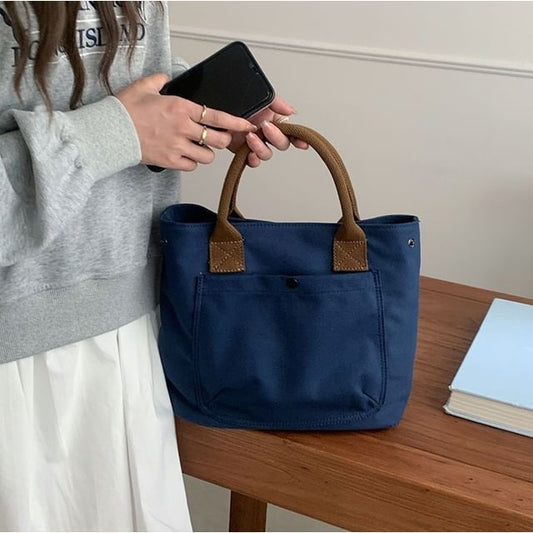 Contrast Bag Strap Tote Canvas