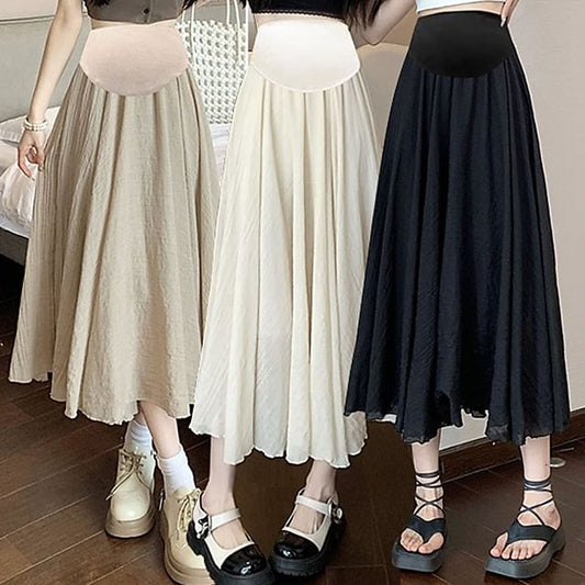 Maternity High Waist Solid Midi Flared Skirt