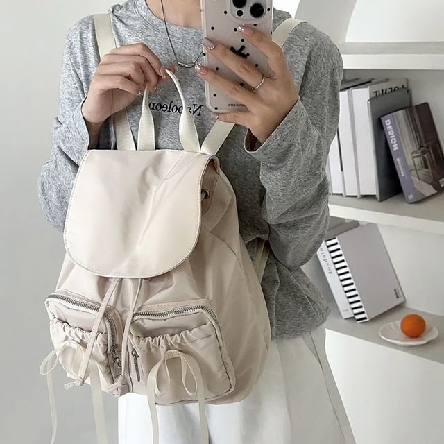 Plain Backpack Flap Accent Nylon Drawstring Bow