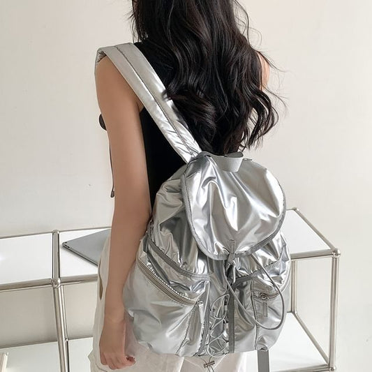 Drawstring Flap Plain Backpack