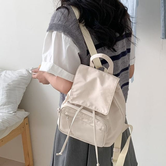 Plain Backpack Nylon Flap Drawstring
