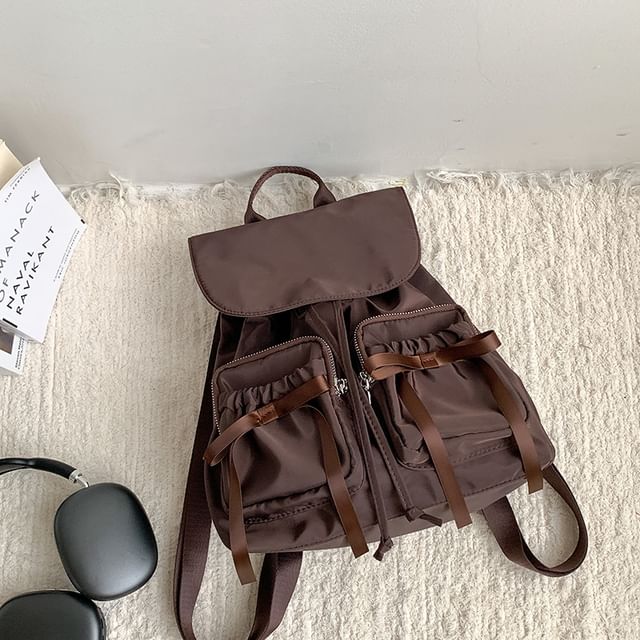 Plain Backpack Flap Accent Nylon Drawstring Bow