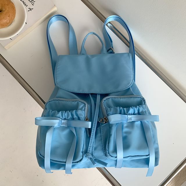 Plain Backpack Flap Accent Nylon Drawstring Bow