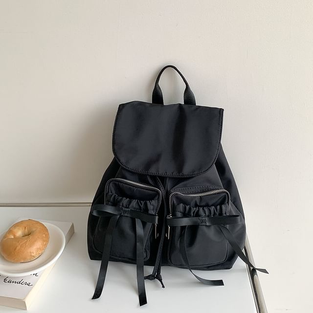 Plain Backpack Flap Accent Nylon Drawstring Bow