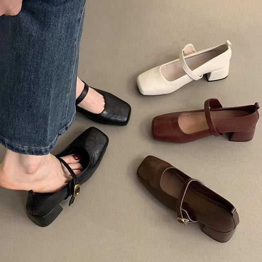 Jane Chunky Shoes Heel Mary Square-Toe