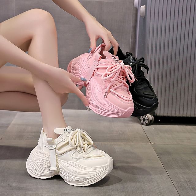 Plain Lace-Up Sneakers Leather Faux Platform