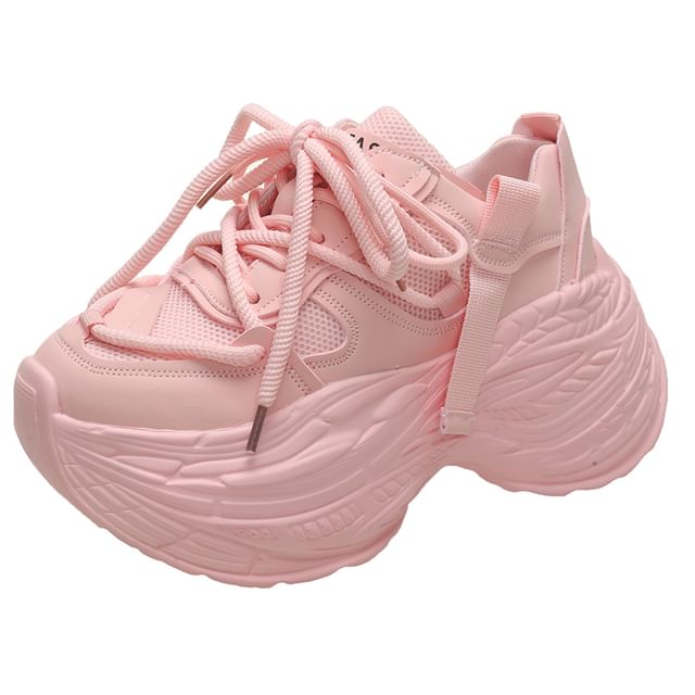 Faux Platform Leather Panel Lace-Up Sneakers Plain Mesh
