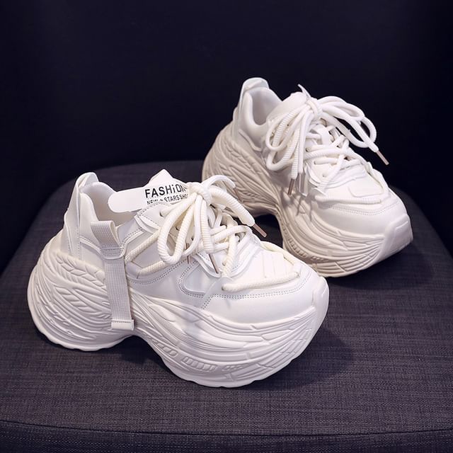Plain Lace-Up Sneakers Leather Faux Platform