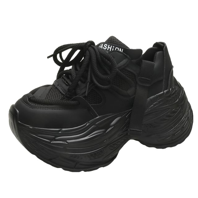 Faux Platform Leather Panel Lace-Up Sneakers Plain Mesh