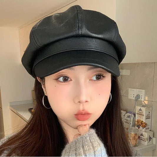 Leather Plain Faux Cap Newsboy