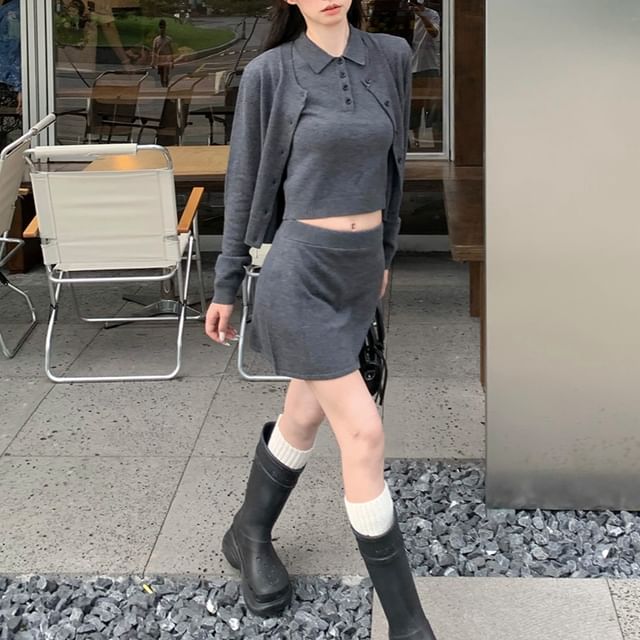 Round Neck Cardigan with Collared Knit Top and Mini Skirt