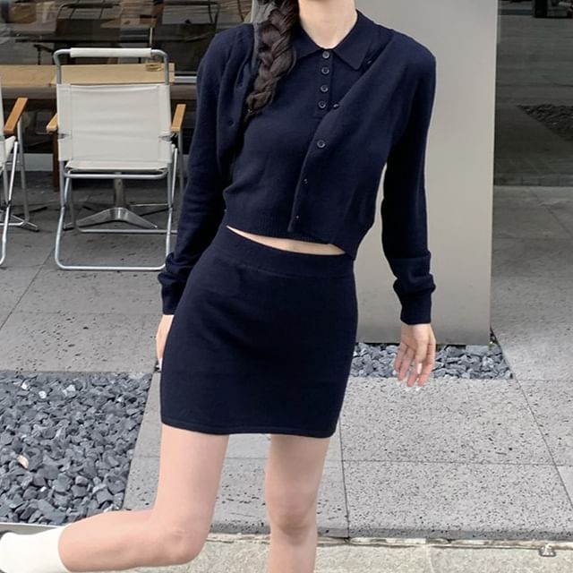 Round Neck Cardigan with Collared Knit Top and Mini Skirt