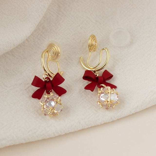Dangle Bow Rhinestone Caged Alloy Earring