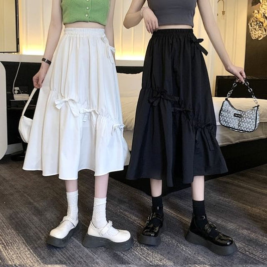 Midi Skirt Plain Waist A-Line Bow High