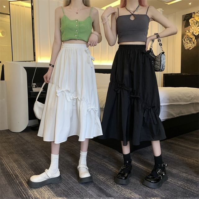 Midi Skirt Plain Waist A-Line Bow High