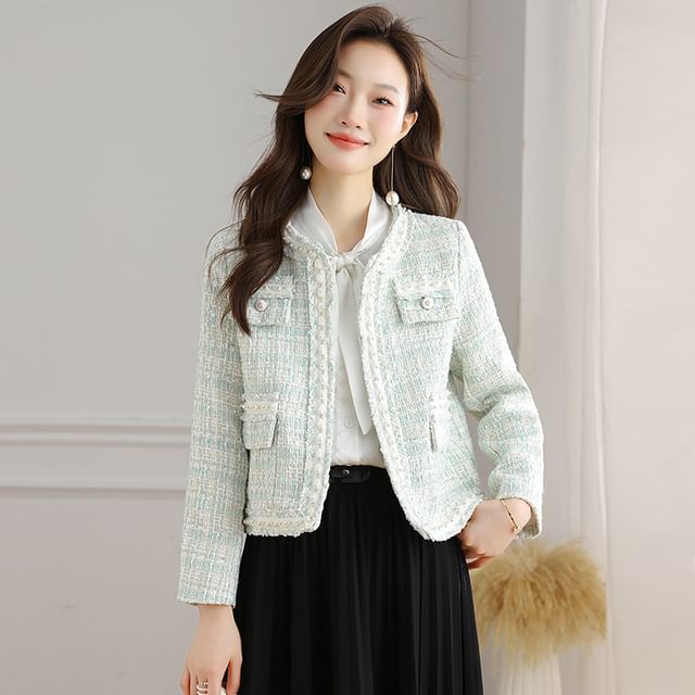 Crew Neck Faux Pearl Accent Open Front Tweed Crop Jacket