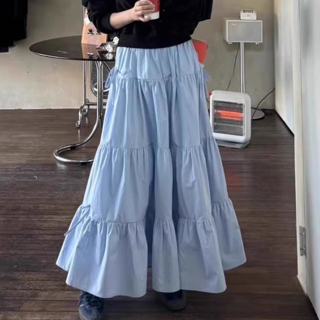Stretch Waist Tiered Maxi Flared Skirt