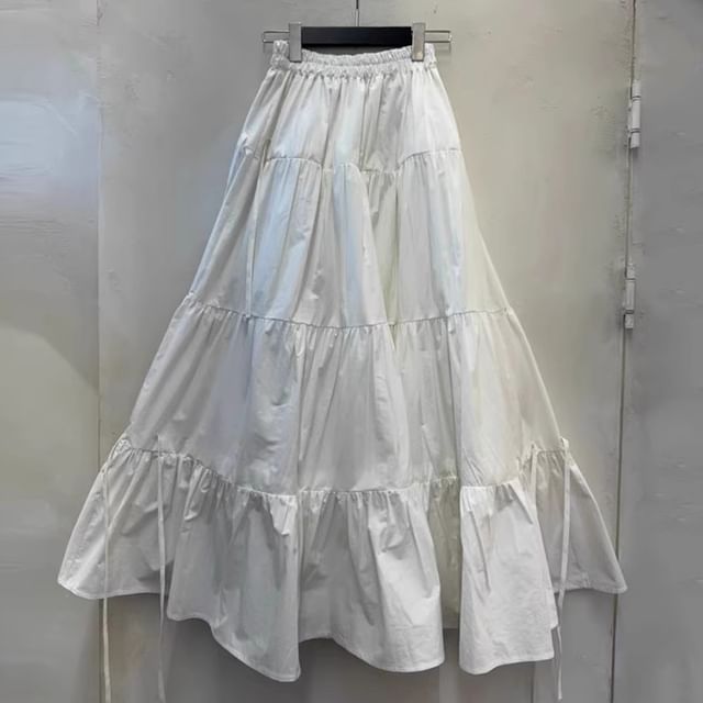 Stretch Waist Tiered Maxi Flared Skirt