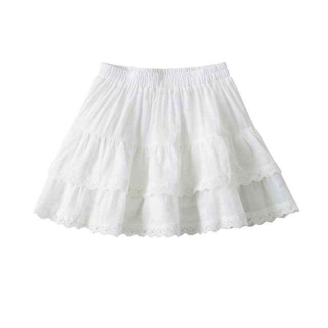 High Waist Lace Trim Tiered Mini Flared Skirt