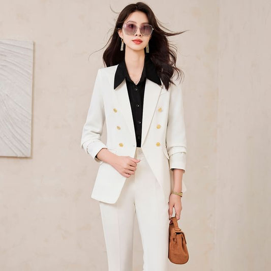 Double-Breasted Blazer with Blouse, Trousers, and Mini Skirt Ensemble