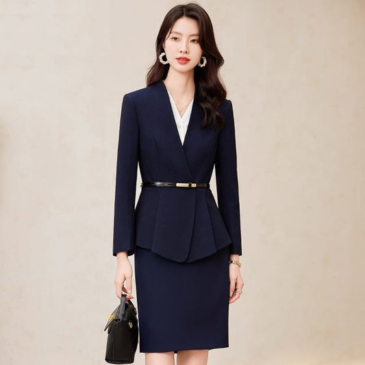 V-Neck Tie Waist Blazer with Blouse, Suit Pants, and Mini Skirt Set