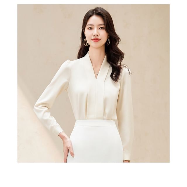 V-Neck Long Sleeve Blouse with Mini Pencil Skirt Set