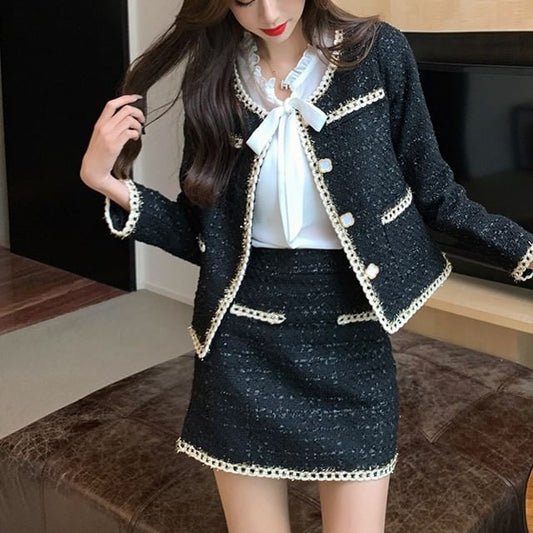 Long-Sleeve Tie-Neck Plain Frill Trim Blouse / Contrast Trim Tweed Button Jacket / High Waist Mini Pencil Skirt / Set