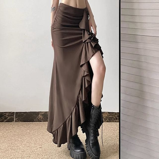 High-Rise Ruffled Asymmetric Fitted Pencil Skirt