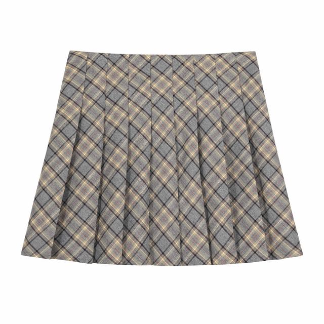 High-Waist Checkered Pleated Mini A-Line Skirt