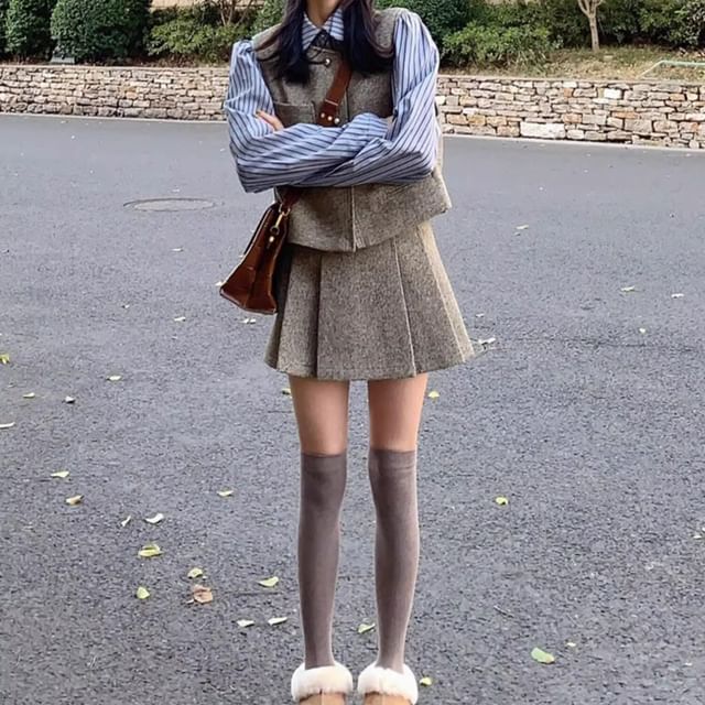Striped Long Sleeve Shirt with Tweed Vest and Pleated Mini Skirt Set