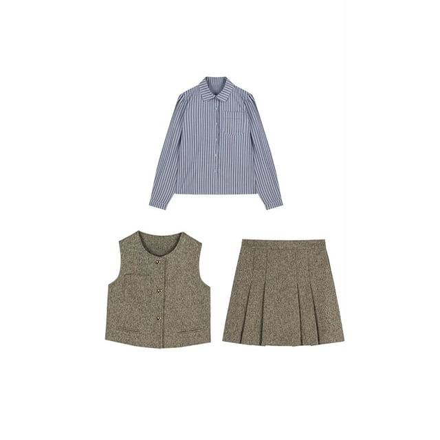 Striped Long Sleeve Shirt with Tweed Vest and Pleated Mini Skirt Set