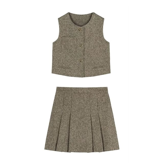 Long-Sleeve Striped Button-Up Shirt / Crew Neck Tweed Crop Vest / High Waist Pleated Mini A-Line Skirt / Set