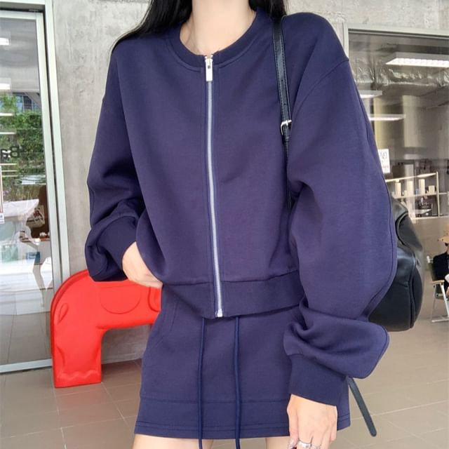 Crew-Neck Zip Top with Cinched A-Line Mini Skirt